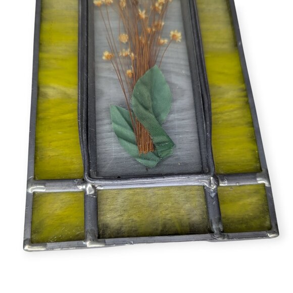 Rectangular Stained Leaded Glass Panel with Dried Floral Accent 8" x 4" x 1/2" - Picture 4 of 12